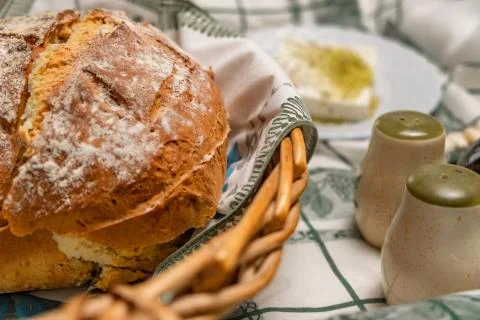 Selective focus of home baked crispy bread and feta cheese on the background Stock Photos