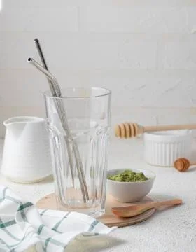 Selective focus, hot matcha tea, latte Stock Photos