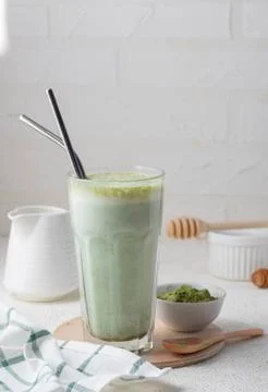 Selective focus, hot matcha tea, latte Stock Photos