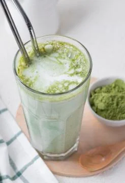 Selective focus, hot matcha tea, latte Stock Photos