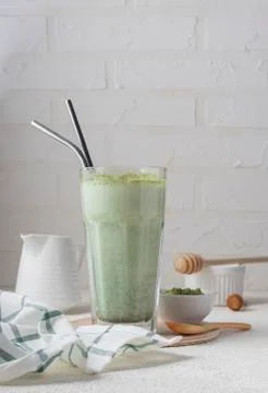 Selective focus, hot matcha tea, latte Stock Photos