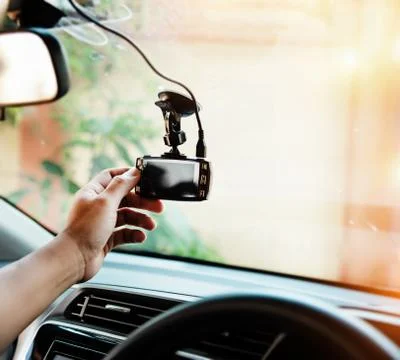 In selective focus of the human hand is touching car camera,before driving,fo Stock Photos