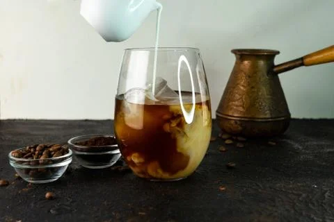 Selective focus, iced coffee and cream Stock Photos