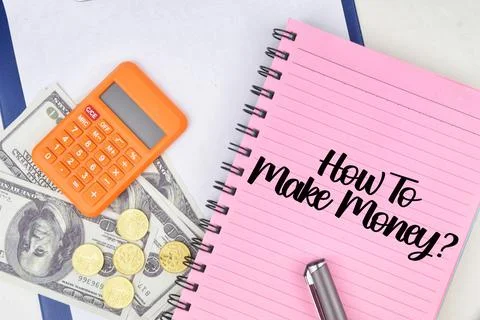 Selective focus image of calculator, bank note and pen with How To Make Money Stock Photos