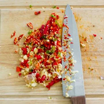 Selective focus image of chopped garlic with red and green hot chilli and a k Stock Photos