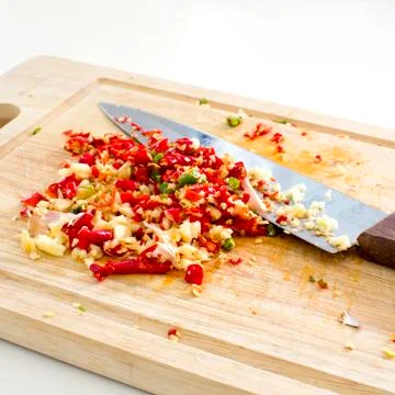 Selective focus image of chopped garlic with red and green hot chilli and a k Stock Photos