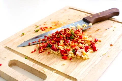 Selective focus image of chopped garlic with red and green hot chilli and a k Stock Photos
