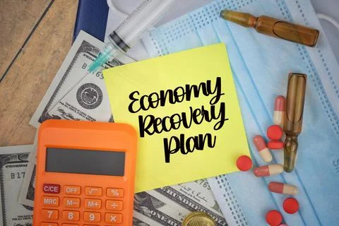 Selective focus image of medicine, syringe, face mask and bank note with econ Stock Photos