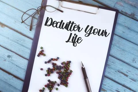 Selective focus image of spectacle glass and pen with declutter your life on  Stock Photos
