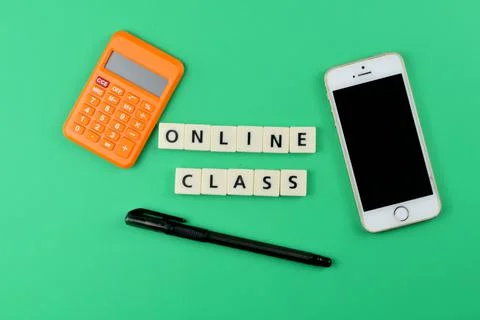 Selective focus image of stationary kits and smartphone with online class wor Stock Photos