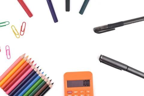 Selective focus image of stationary kits with copy space on a white backgroun 库存照片