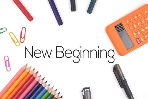 Selective focus image of stationary kits with New Beginning wording on a whit Stock Photos
