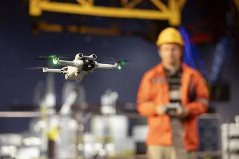 Selective focus of industrial employee using drone to collect data from offshore Foto stock