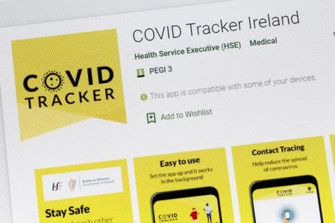 Selective focus on Irland Covid tracker app available in the Google Play area Stock Photos