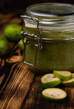 Selective focus, a jar of feijoa jam Stock Photos