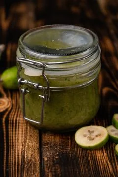 Selective focus, a jar of feijoa jam Stock Photos