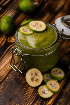 Selective focus, a jar of feijoa jam Stock Photos