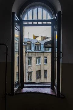 Selective focus. large front window of St. Petersburg Stock Photos