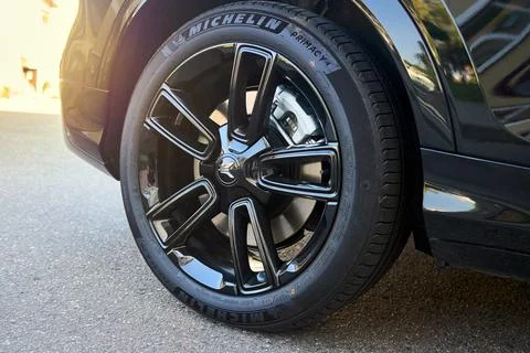 Selective focus on left side of front bumper decorative element side parking Stock Photos