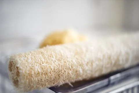 Selective focus on loofah sponge. Blured background. Close up Stock Photos