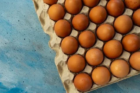 Selective focus, lots of chicken brown eggs Stock Photos