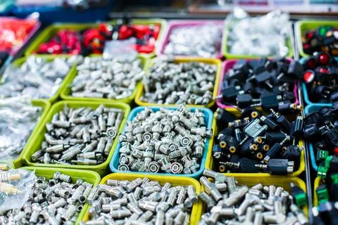 Selective focus to many accessories of connector for television system. Stock Photos