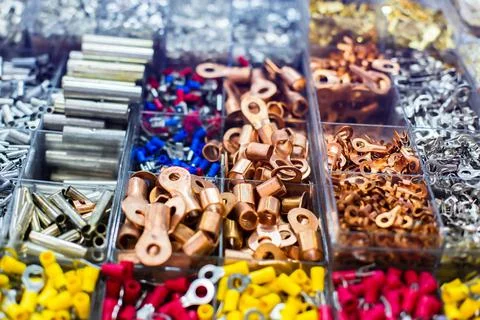 Selective focus to many electronic and electric device connector. Foto stock