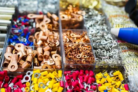 Selective focus to many electronic and electric device connector. Stockfoto's