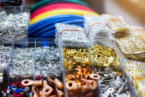 Selective focus to many electronic and electric device connector. Stockfoto's