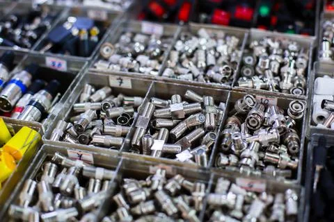 Selective focus to many electronic and electric device connector.  Stock Photos