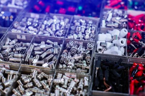 Selective focus to many electronic and electric device connector. Stockfoto's