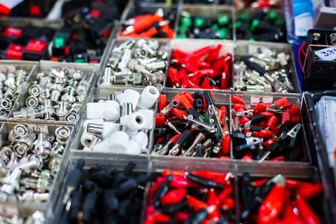 Selective focus to many electronic and electric device connector. Stockfoto's