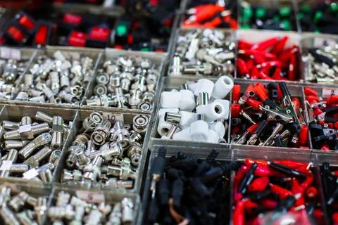 Selective focus to many electronic and electric device connector. Stockfoto's