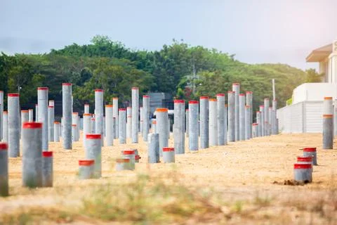 Selective focus to many round prestressed concrete piles that have been hamme Stock Photos