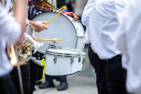 Selective focus to Marching Band Performing Live in Street Parade Stock Photos