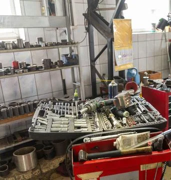 A Selective focus of mechanic's toolbox with tools in drawers, Stock Photos