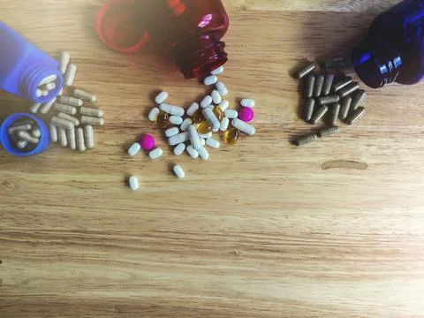 Selective focus of medicine background concept the drugs, pills, capsule and  Stock Photos