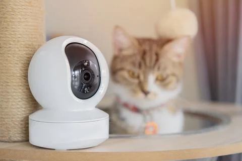 Selective focus of mini white CCTV camera standing on the cat tower. Stock Photos
