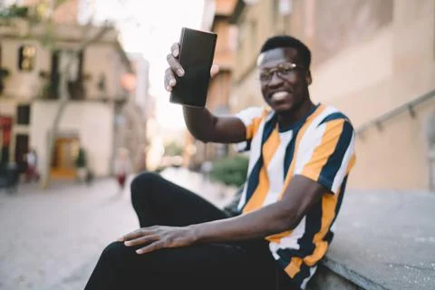 Selective focus on modern blank cellular gadget with copy space area for your Stock Photos