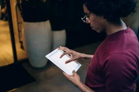 Selective focus on modern gadget technology with blank touchscreen for your text Stock Photos