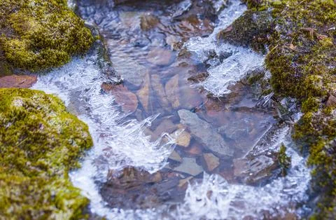 Selective focus. The Mountain stream with ice elements close-up 写真素材