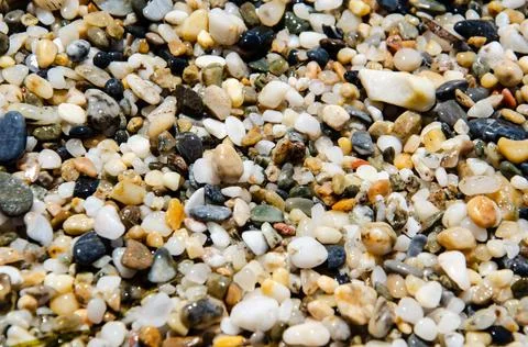 Selective focus multi-colored pebbles on the seashore. Sea stones. Stock Photos