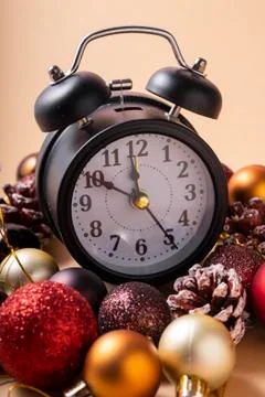 Selective focus. new year's clock with hands at ten to twelve Stock Photos