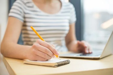Selective focus of a notebook lying on the table Stockfoto's
