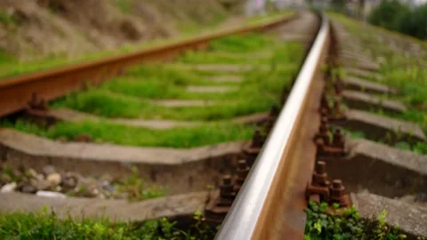 Selective focus old railway,sleepers and rails camera movement Stock Footage 235188653