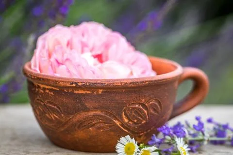 Selective focus old vintage ceramic cup of tea with flowers. Old rustic woode Stock Photos