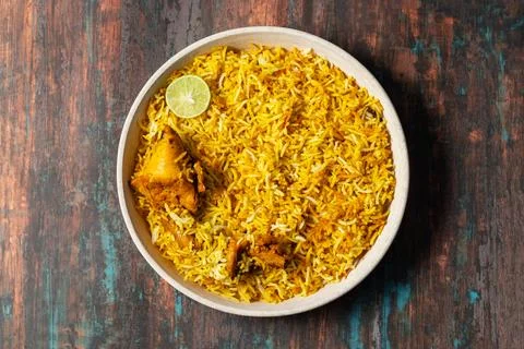 Selective focus of one of the most popular food in India Biryani. Stock Photos