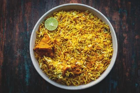 Selective focus of one of the most popular food in India Biryani. Stock Photos