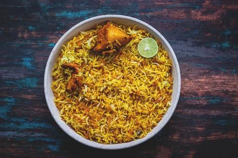 Selective focus of one of the most popular food in India Biryani. Stock Photos