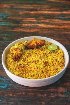 Selective focus of one of the most popular food in India Biryani. Stock Photos